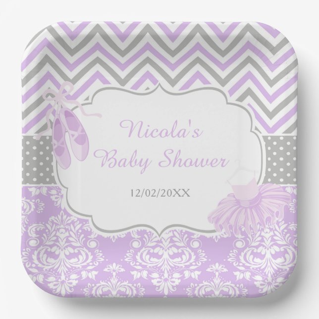 Plato De Papel Chevron Morado y Gris Ballerina Baby Shower (Anverso)