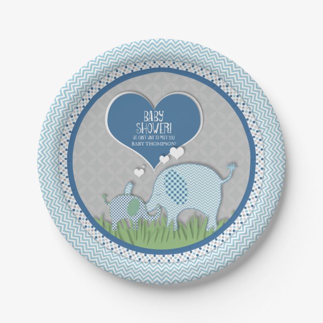 Plato De Papel Chevron Patterned Elephant Hearts Baby Boy Shower (Anverso)