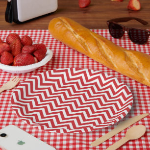 Plato De Papel Chevron rojo y blanco