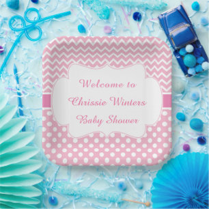 Plato De Papel Chevron rosa y Fiesta Baby Shower de puntos de pol