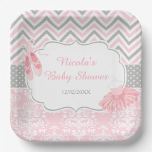 Plato De Papel Chevron Rosa y Gris Ballerina Baby Shower