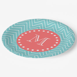 Plato De Papel Chevron verde azulado y coralino con el monograma