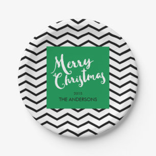 Plato De Papel Chevron verde, negro, Felices Navidad