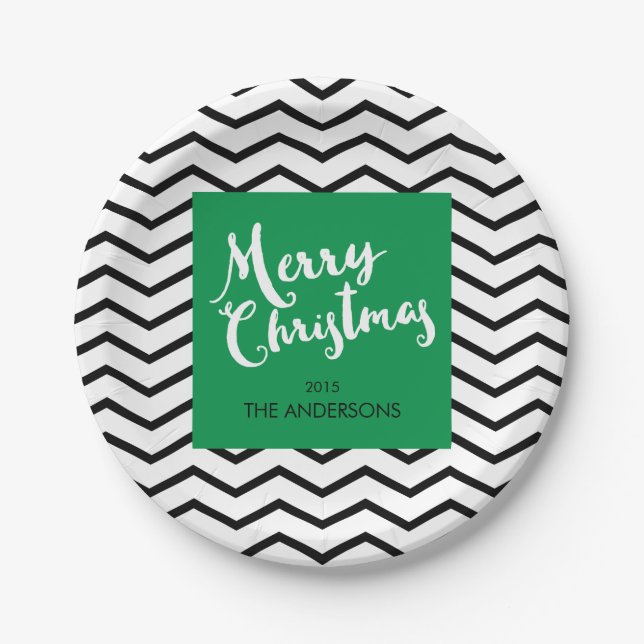 Plato De Papel Chevron verde, negro, Felices Navidad (Anverso)