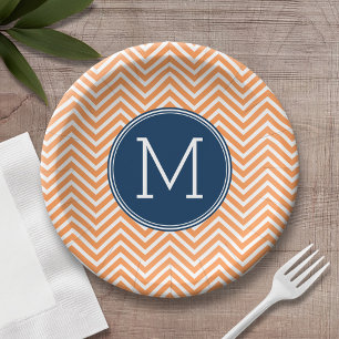 Plato De Papel Chevrons de la Marina y el Naranja con Monograma P