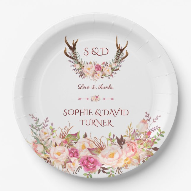 Plato De Papel Chic Aquarela Rosa Rubor Floral Cuerno Boda (Anverso)