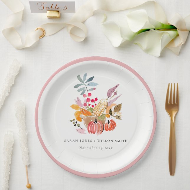Plato De Papel Chic Autumn Harvest Pumpkin Watercolor Wedding (Boda)