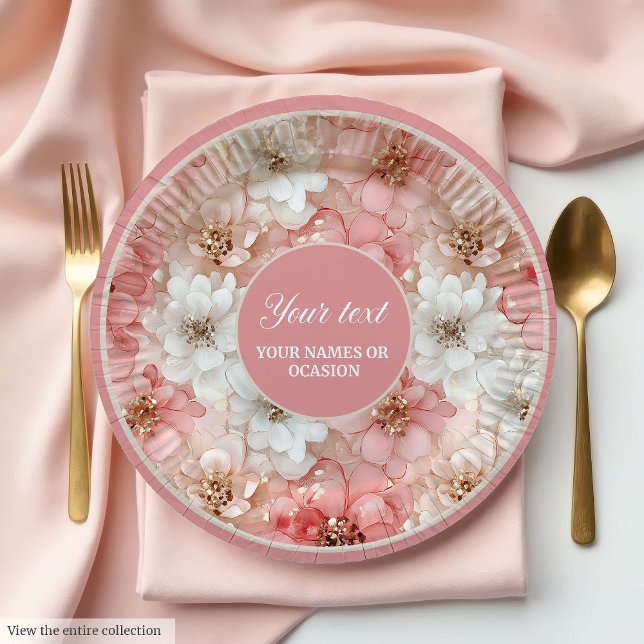 Plato De Papel Chic blush and gold floral 50th birthday plate (Chic blush and gold floral 50th birthday plate)