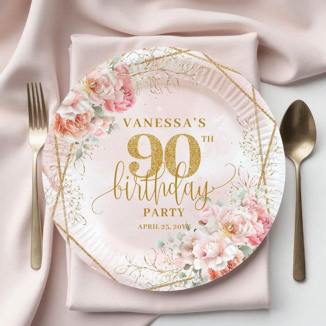 Plato De Papel Chic Blush Pink Floral Gold Frame 90th Birthday  (Chic Blush Pink Floral Gold Frame 90th Birthday Plates)