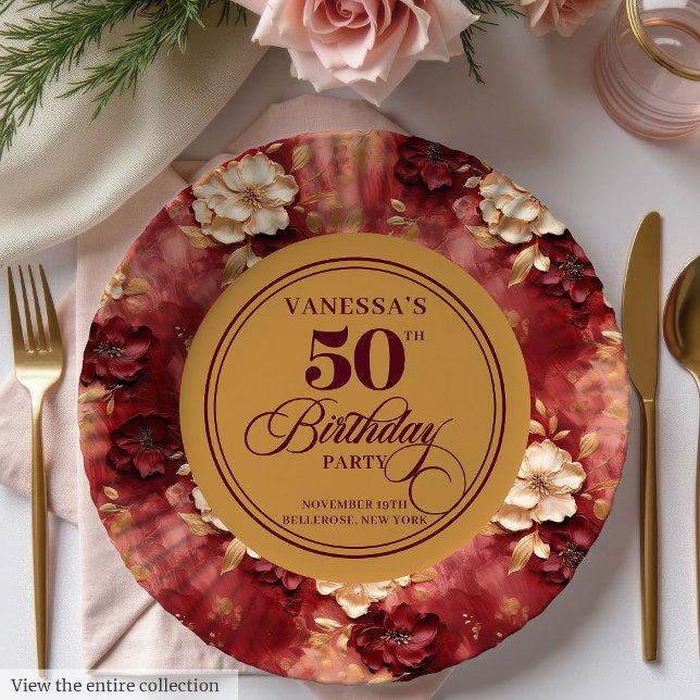 Plato De Papel Chic Boho Marsala Rubor Dorado Cumpleaños 50 (Chic Boho Marsala Blush Gold 50th Birthday Paper Plates)