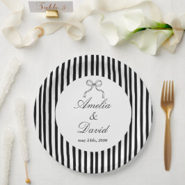 Plato De Papel Chic Bow Minimalista Rayas Negro Blanco