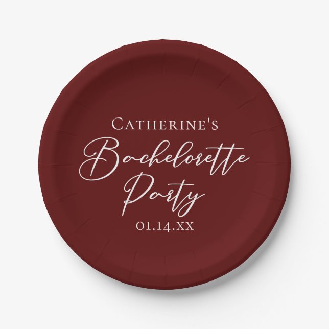 Plato De Papel Chic Burgundy Bachelorette Party Personalized (Anverso)