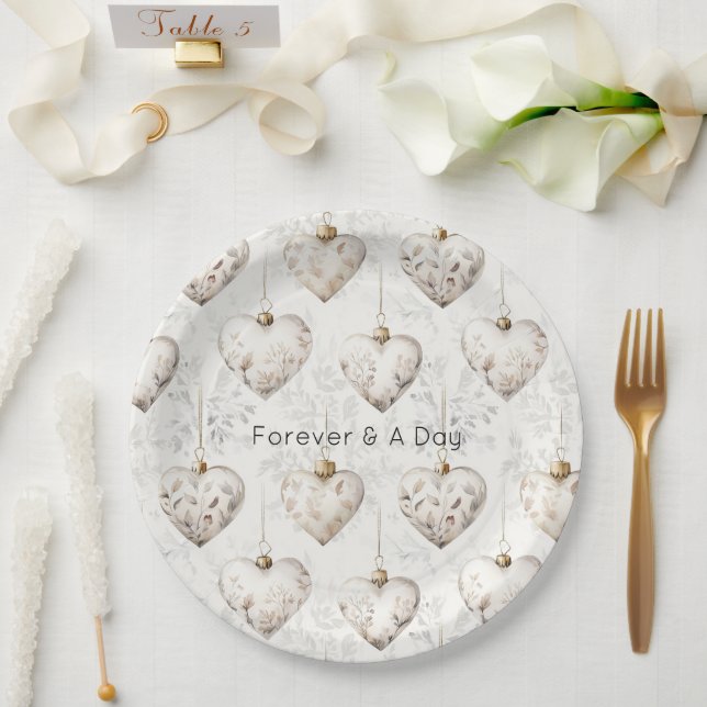 Plato De Papel Chic Cream Grey Hearts Ornaments Wedding (Boda)