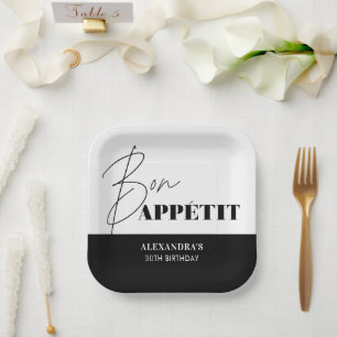 Plato De Papel Chic Cumpleaños Bon Appétit Letra Negra y Blanca