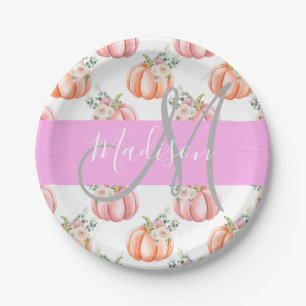 Plato De Papel Chic Floral Blanco Rosa Melocotón Calabaza Monogra