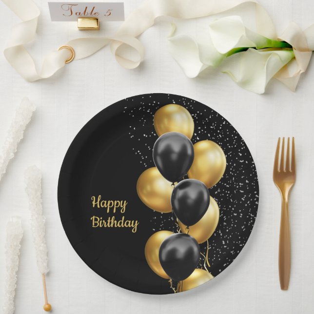 Plato De Papel Chic Globo de Oro Negro (Boda)
