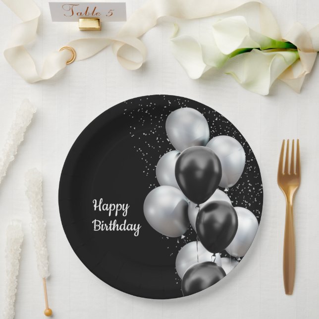 Plato De Papel Chic Globo Gris Negro (Boda)