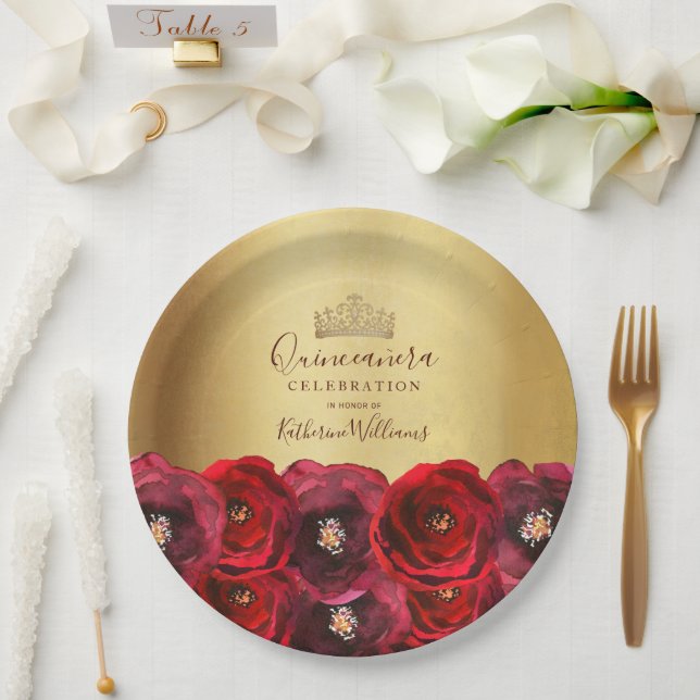 Plato De Papel Chic Gold Crown Red Rose Floral Quinceañera (Boda)