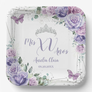 Plato De Papel Chic Lila Floral Mariposas Quinceañera