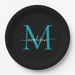 Plato De Papel Chic Monograma Moderno Script Negro Verde Teal