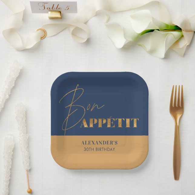 Plato De Papel Chic Navy Gold Bon Appétit Script Cumpleaños  (Boda)