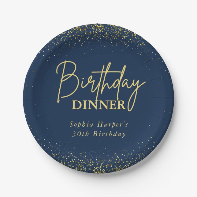 Plato De Papel Chic Navy Gold Glitter Confetti Birthday Dinner (Anverso)