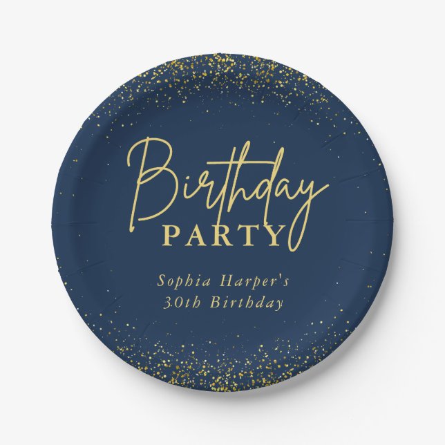Plato De Papel Chic Navy Gold Glitter Confetti Birthday Party (Anverso)