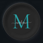 Plato De Papel Chic Negro Verde Turquesa Monograma Moderno Nombre<br><div class="desc">Simple Moderno Negro Verde Turquesa Monograma Placa de Papel con Nombre en Letra Femenina Moderna</div>