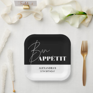 Plato De Papel Chic Negro y Blanco Buen Provecho Cumpleaños