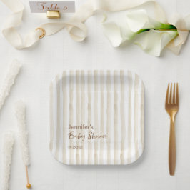 Plato De Papel Chic Neutral Faded Stripe Modern Baby Shower