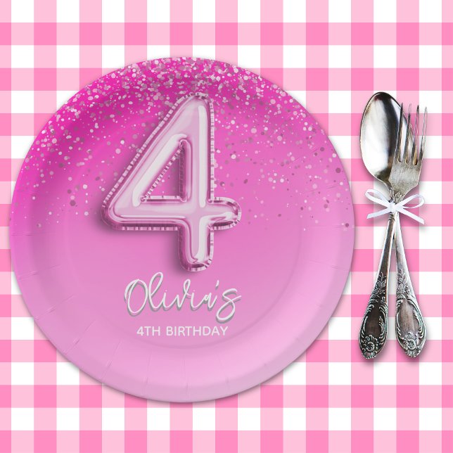 Plato De Papel Chic Pink Glitter Balloon 4th Birthday Party  (Subido por el creador)