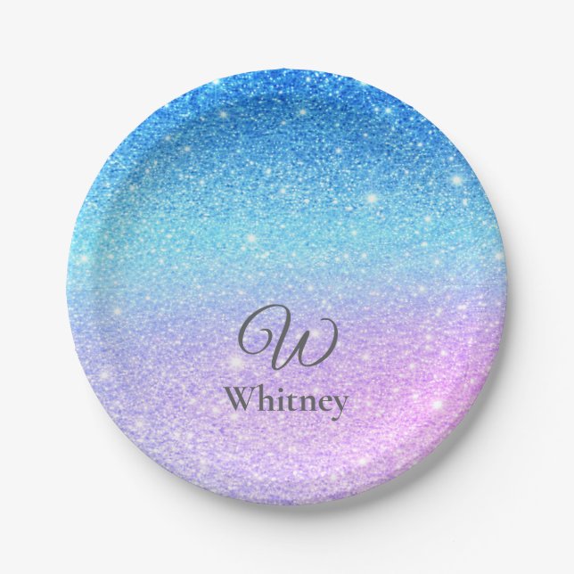 Plato De Papel Chic Purple Ombre Blue Glitter Modern              (Anverso)