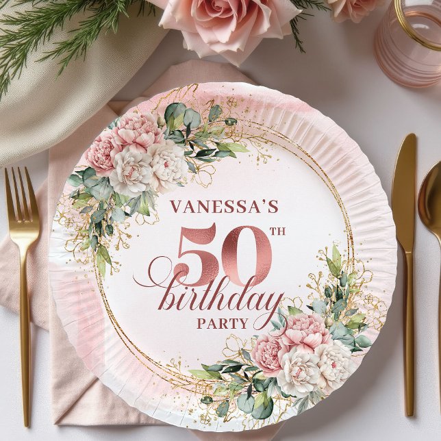 Plato De Papel Chic Rose Gold Blush Floral Greenery 50th Birthday (Chic Rose Gold Blush Floral Greenery 50th Birthday Paper Plates

)