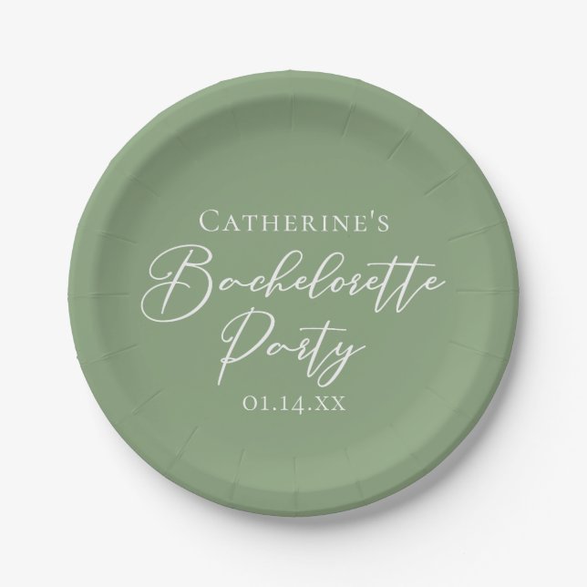 Plato De Papel Chic Sage Green Bachelorette Party Personalized (Anverso)