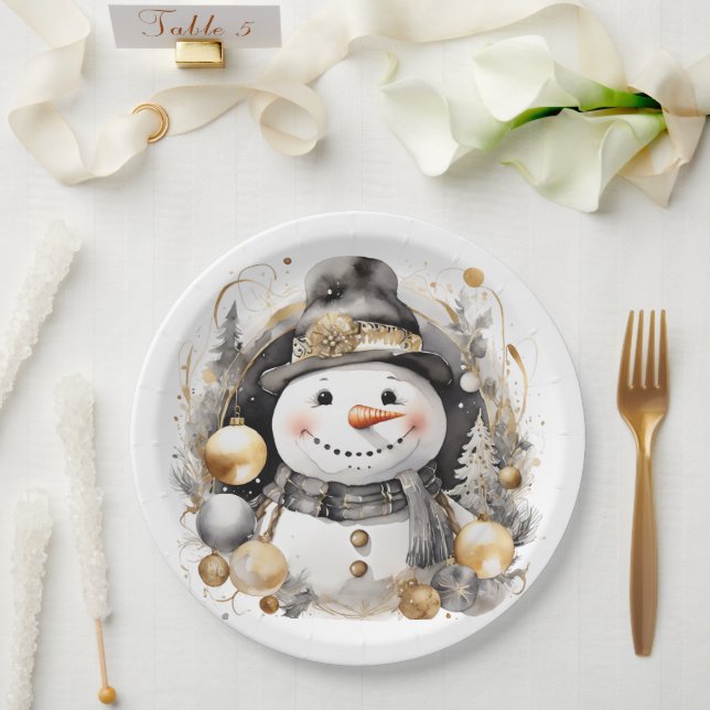 Plato De Papel Chic Snowman: Black and Gold Holiday Charm (Boda)