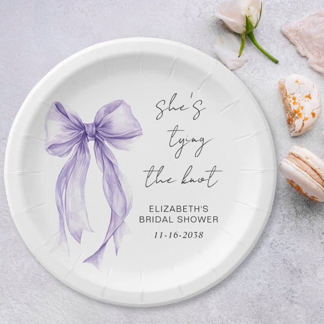 Plato De Papel Chic Tazón de Boda de Acuarela con Lazo Morado (Chic Purple Bow Watercolor Bridal Shower Paper Plates)
