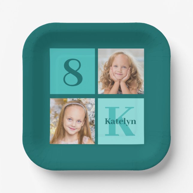 Plato De Papel Chic Teal Birthday Party Custom Photo Collage (Anverso)