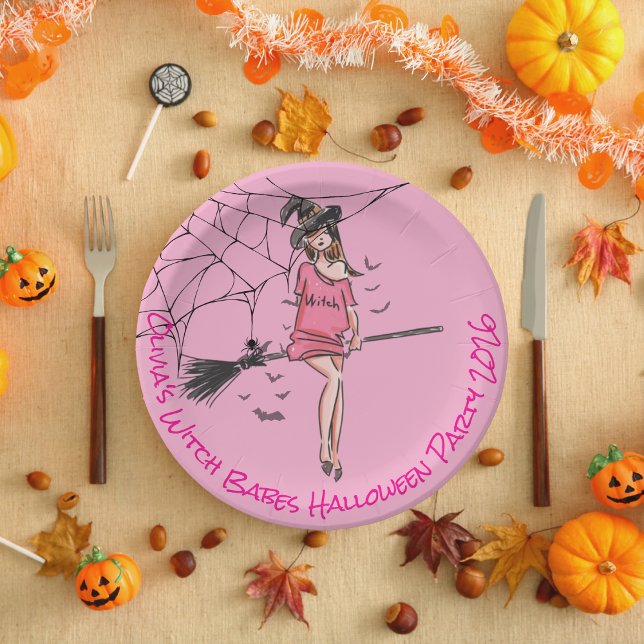 Plato De Papel Chica adolescente bruja nalgas de papel de Hallowe (Witch Babes Halloween Party Paper Plate)