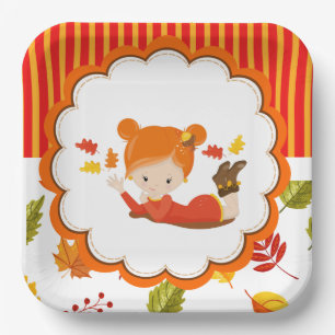 Plato De Papel Chica Adorable De Otoño Pintado A Mano