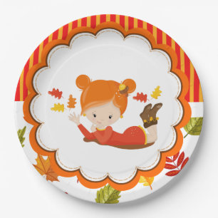 Plato De Papel Chica Adorable De Otoño Pintado A Mano