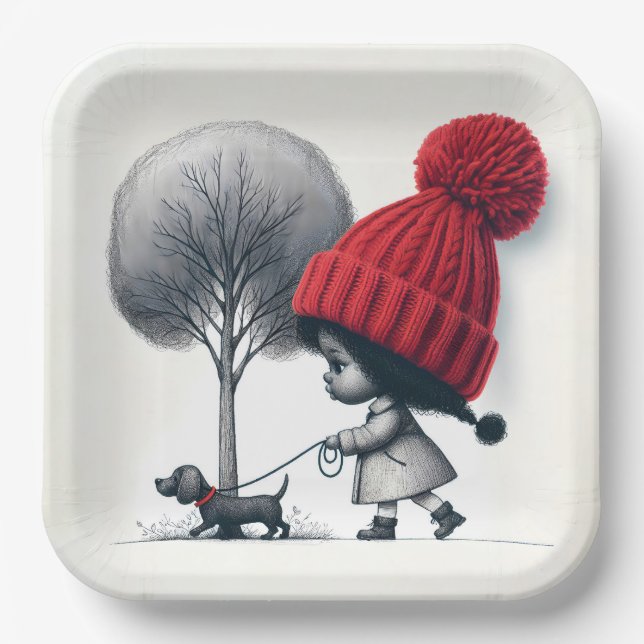 Plato De Papel Chica afroamericana caminando por su perro (Anverso)