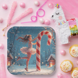 Plato De Papel Chica Anime Bailarina y Caña de Caramelo de Navida