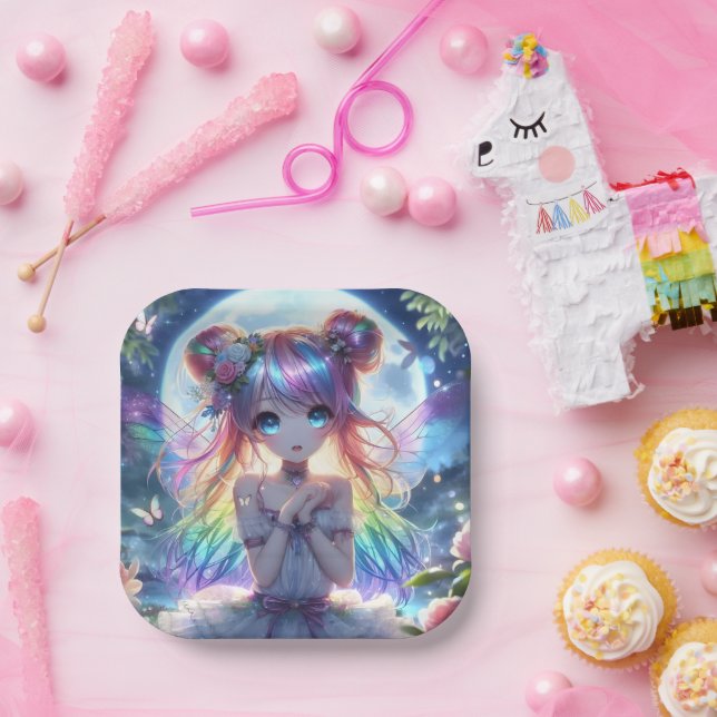 Plato De Papel Chica Anime Cabello Arcoíris Cantando Hada Luna (Fiesta)