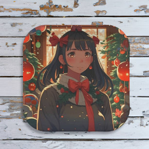 Plato De Papel Chica Anime Festiva en Noche de Navidad
