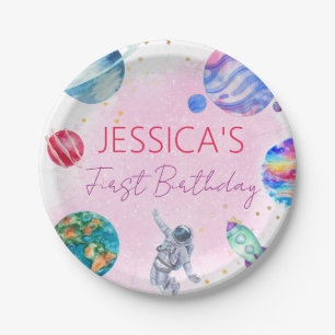 Plato De Papel Chica Astronauta Oro Pink Rocket Ship Planet