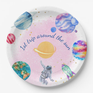 Plato De Papel Chica Astronauta Oro Pink Rocket Ship Planet