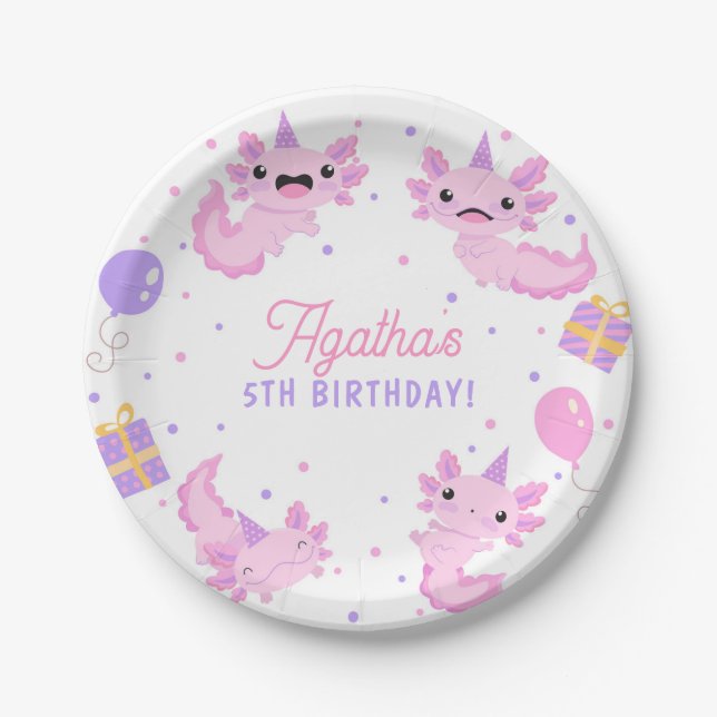 Plato De Papel Chica Axolotl Rosa Cute Cumpleaños (Anverso)