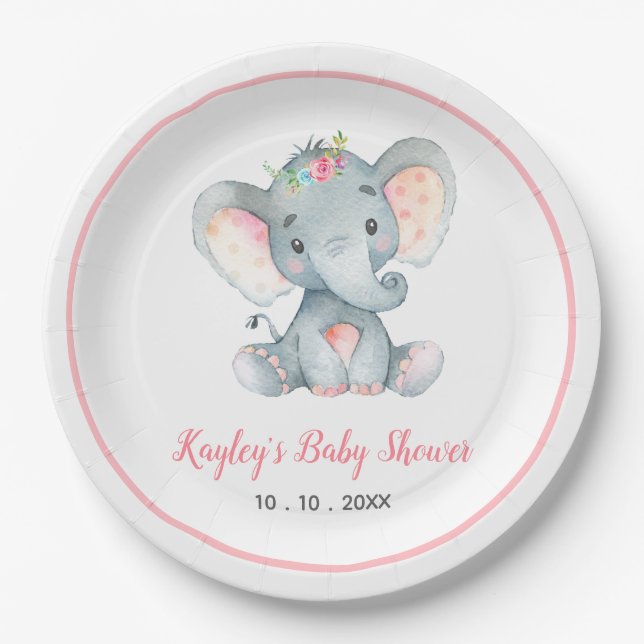 Plato De Papel Chica Baby Elephant Baby Shower (Floral) (Anverso)