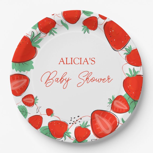 Plato De Papel Chica Baby Shower de Berry Sweet Strawberries (Anverso)