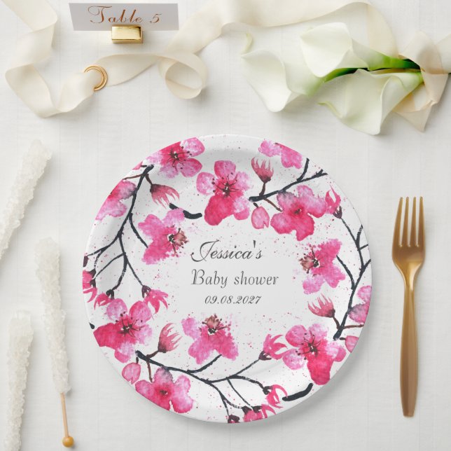Plato De Papel Chica Baby Shower de flores rosas cerezo flor (Boda)